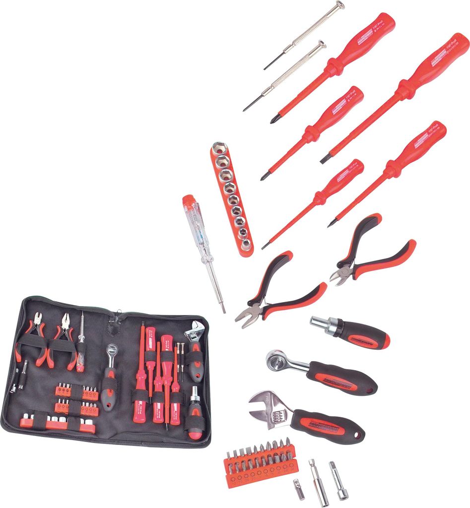 A collection of tools laid out on a white background.