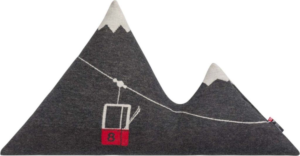 A stylized representation of mountains with a ski lift gondola.