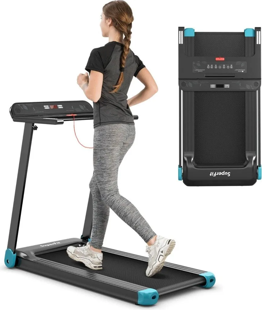 Tapis de course pliable bleu marine idéal pour appartement et cardio