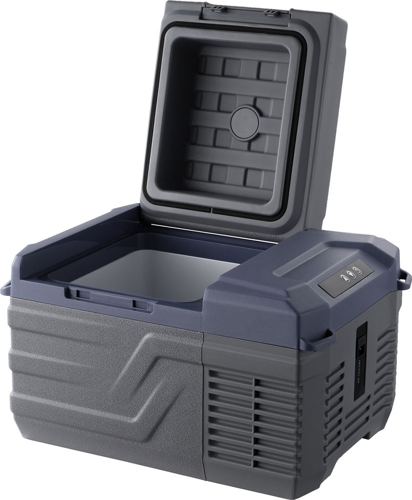 A portable car refrigerator with its lid open, shown against a white background.