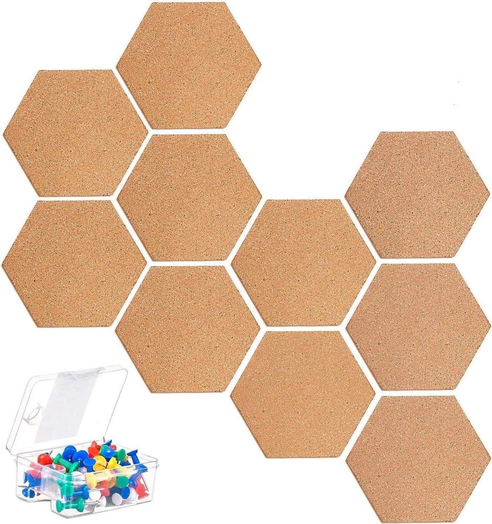 10 Stück selbstklebende Pinnwand Korkplatten - Multifunktional für Wohnkultur und Büro - Fotohänger und Notizbrett mit 40 bunten Pins