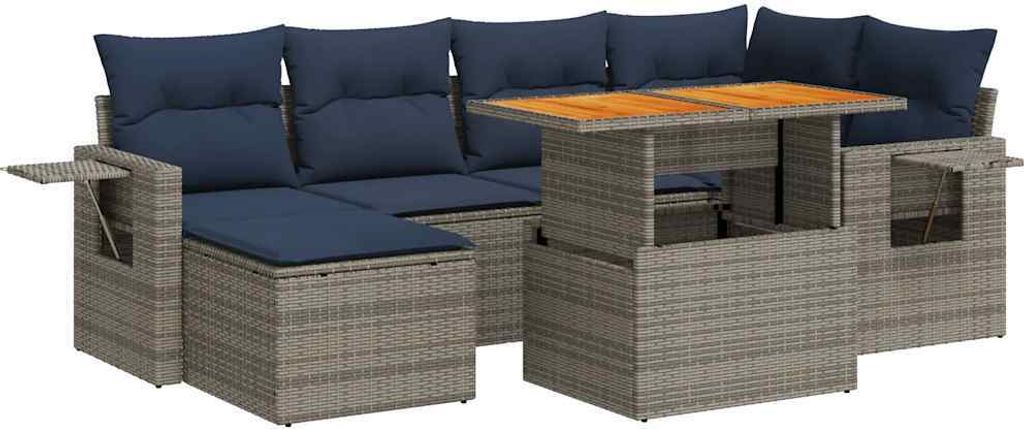 7-tlg. Garten-Sofagarnitur mit Kissen Grau Poly Rattan