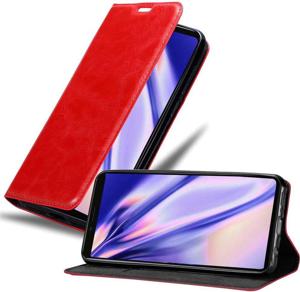 A red flip case for a smartphone is shown, with the phone inside and its screen illuminated.