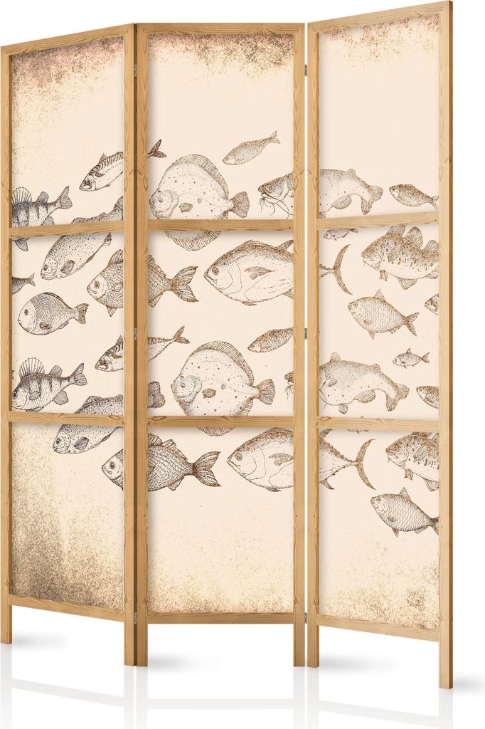 3-teiliger Einseitiger Vlies Japanischer Paravent - Sketch of a School of Fish - Sketches of Various Species of Fish Swimming in a School on a Beig...
