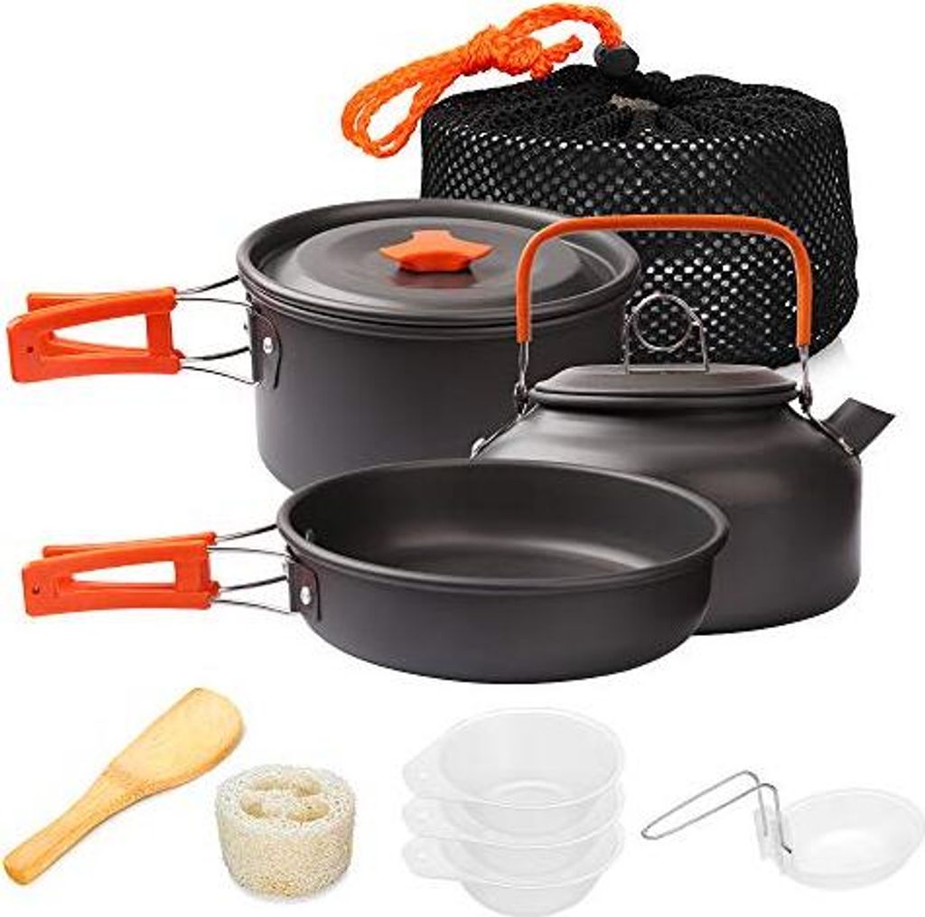 Gutsdoor Camping Kochset Geschirr-Set für 1-2 Personen, mit Tragbarem Aluminiumtopf Teekessel Tassen faltbares Besteck, Outdoor Picknick Wandern