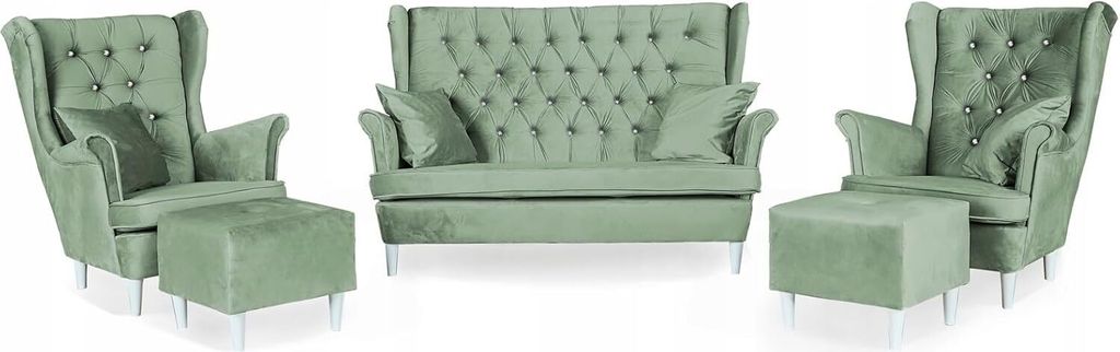 Family Meble Set aus Sofa + 2 Sessel + 2 Hocker Gaja 2-Sitzer Sofa Couch Freistehendes Lounge Sofa Bequem zum Entspannen Wohnzimmer Büro (Royal V 34)