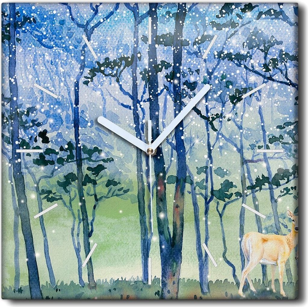 Coloray Uhr auf Leinwand 30x30 cm Wand Uhr Dekoration Wohnzimmer Segeltuch weiße Zeiger -Schneewinterwaldwald