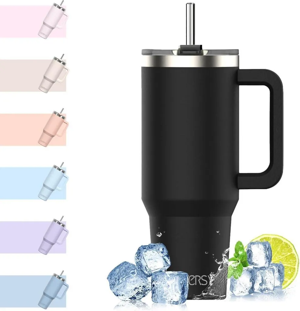 DUNSOO Tazza termica da 40 oz con cannuccia, tazza termica da caffè con coperchio, a doppio strato in acciaio inox, per tazza termica calda e fredda (rosa