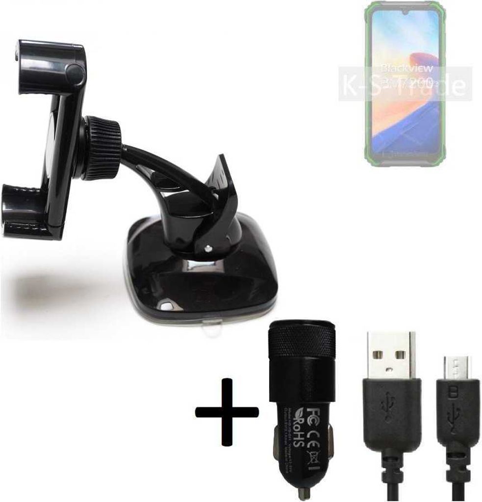 K-S-Trade Halterung kompatibel mit Blackview BV7200 Windschutzscheibe / Armaturenbrett + LADEGERÄT mit Mico USB Kabel Autohalterung KFZ Halter