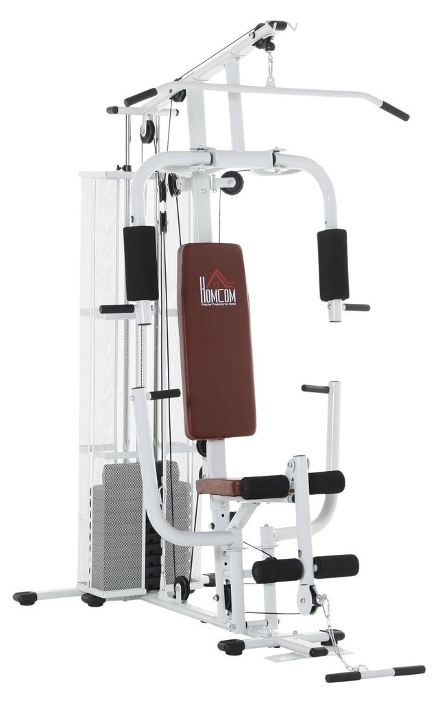 Fitnessstation für Zuhause, insgesamt 45kg, mit Pressarm, Beinentwickler, Rollenpolstern, PolyurethanKunstleder, 150 x 110 x 210 cm, Weiß