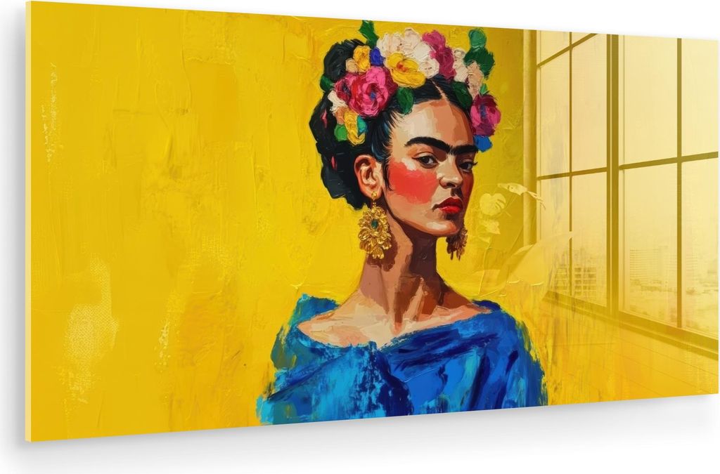 MuchoWow Glasbilder - Bilder auf Wandbild - Foto auf Glas Frida Kahlo - Frau - Gelb - Blau - Blumen 120x60 cm Wanddekoration aus Glas - Acrylglasbi...