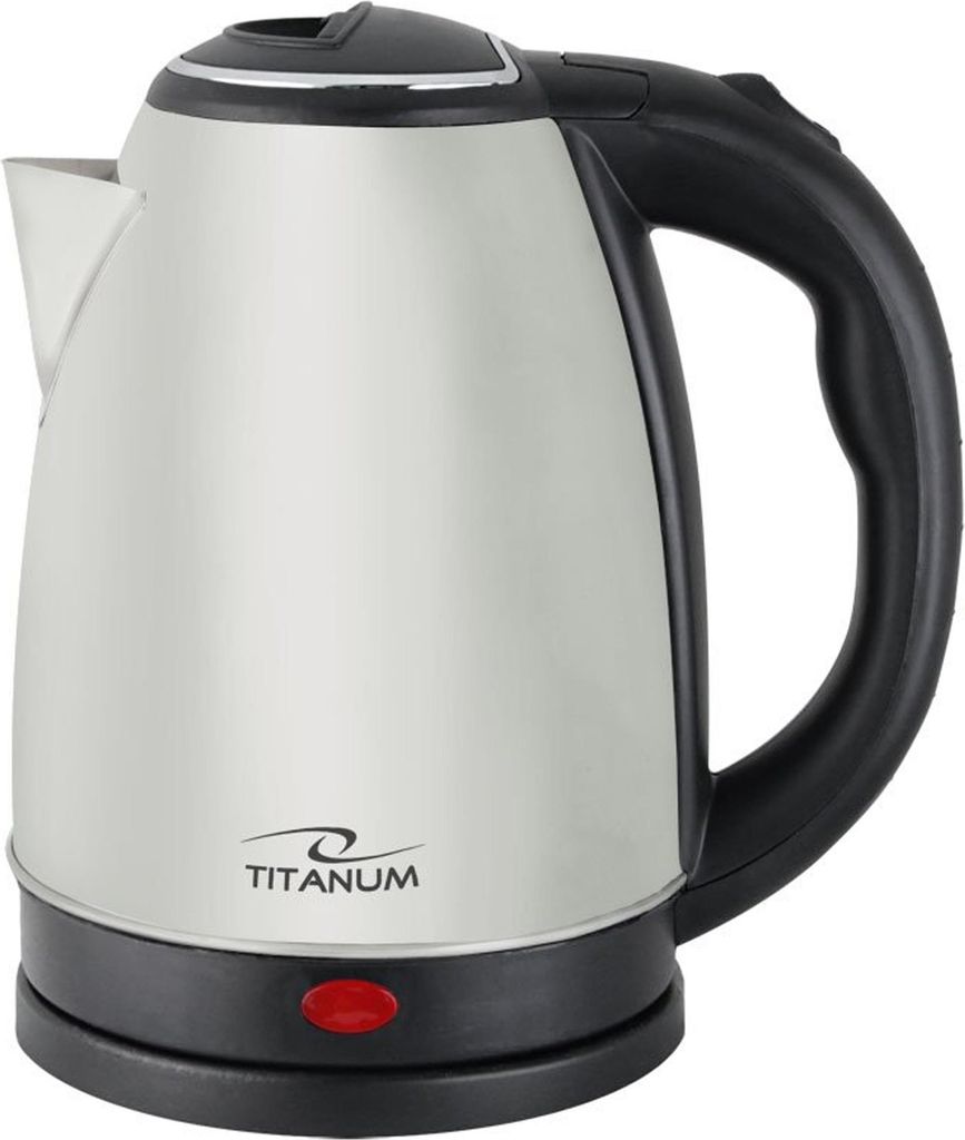 A studio shot of a stainless steel electric kettle.