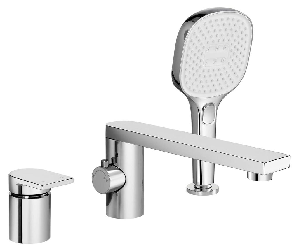 3-Loch Badewannenarmatur mit Ausziehbarer Handbrause, Wannenrandkombination aus Messing für das Badezimmer, Chrom