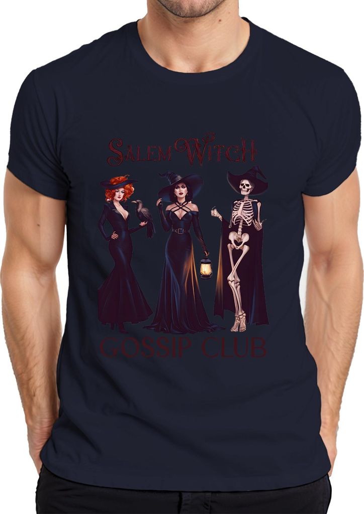 Salem Witch Gossip Club Halloween Skelett Rabe Laterne Gothic Herren T-Shirt, Navy, 3XL