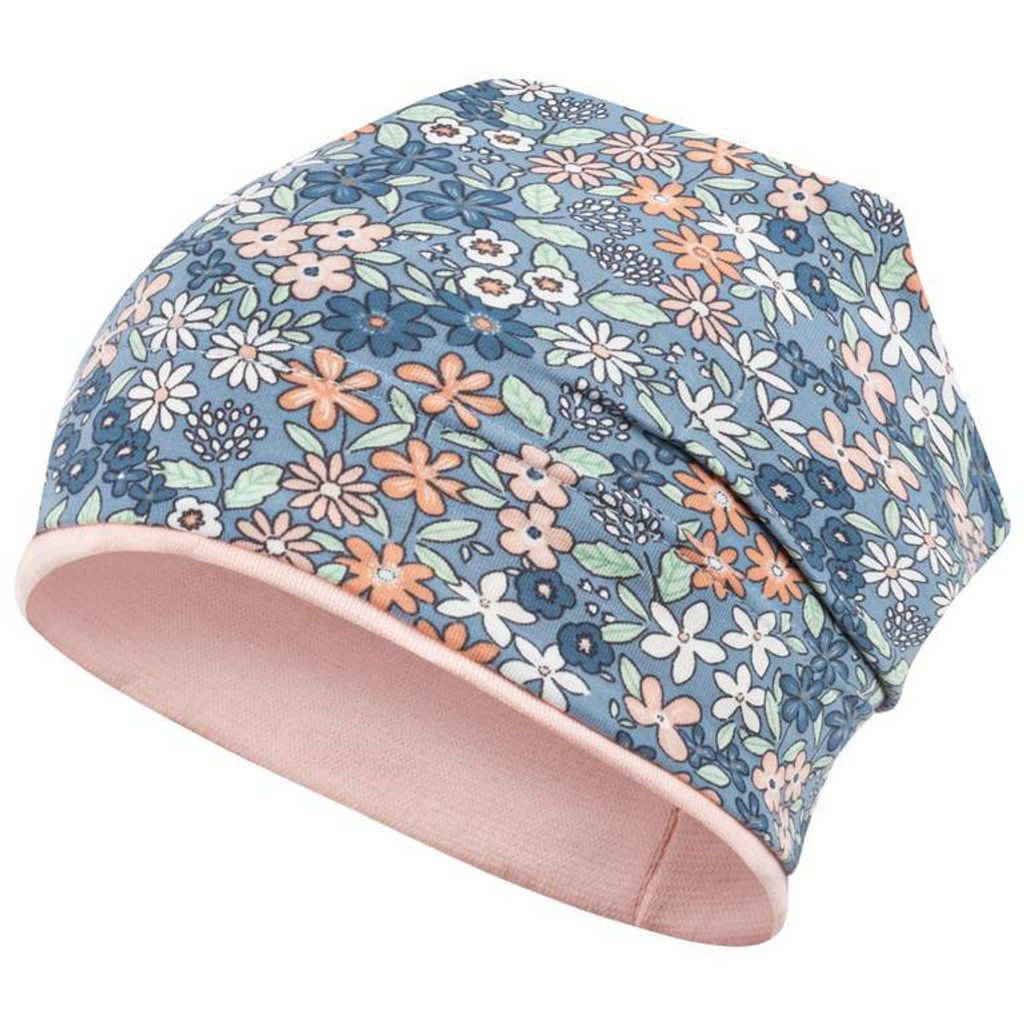 Mädchen Mütze Übergangsmütze Beanie Blumen, Gr. 50-52, Blau-Aprikot