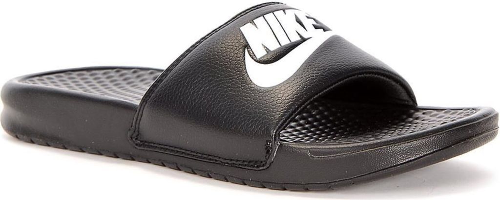 A black Nike slide sandal with a white Nike logo and text.
