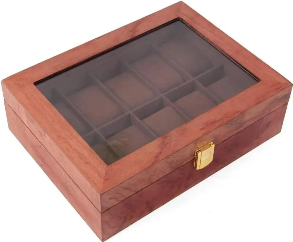 Boîte à montres en bois massif de rose avec 12 compartiments, Coffee