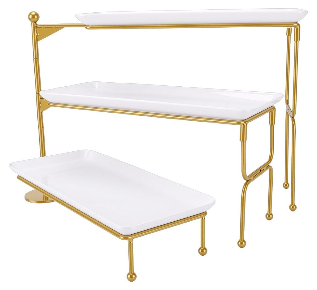 3-stöckiger Dessertständer aus Goldmetall mit weißen Tabletts, zusammenklappbar, stabiles Design, pflegeleicht, für Desserts, Vorspeisen, Hotel...
