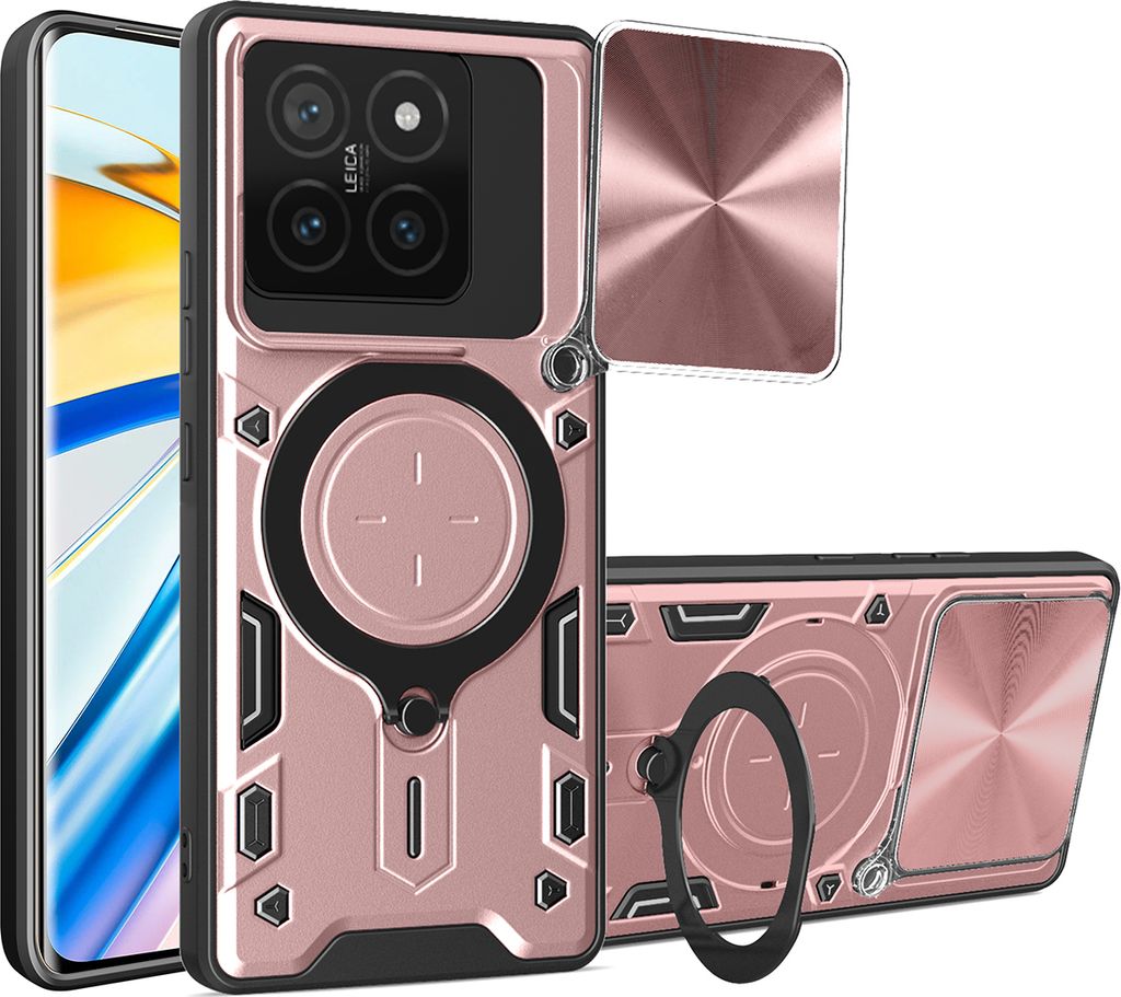 Handyhülle für Xiaomi 14T Dual-Layer Stoßfest Rüstung Hülle mit Dia Kameraschutz und Kreisförmig Ring Ständer Roségold