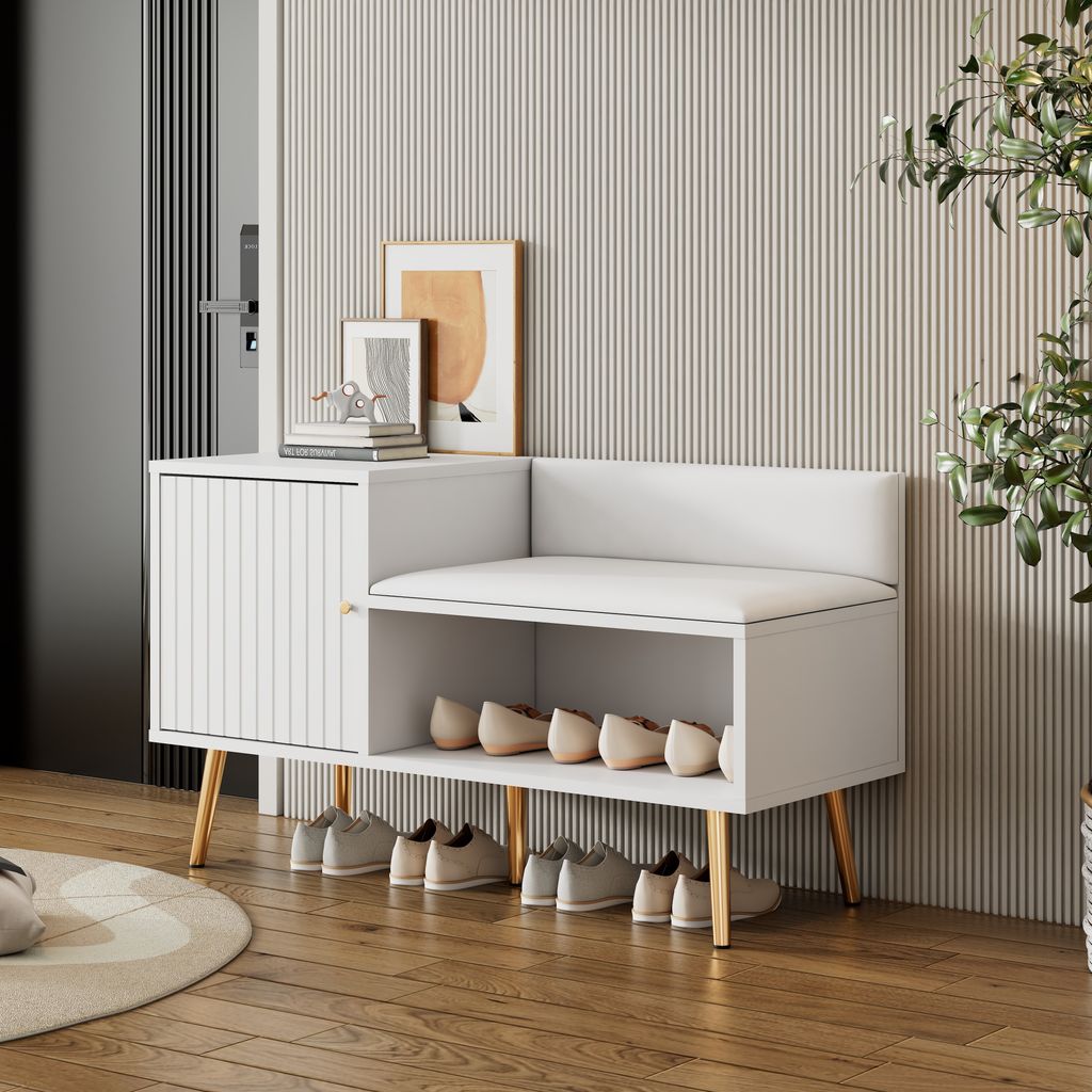 Flieks Schuhschrank mit Sitzbank, Schuhkommode Schuhregal mit Schuhbank, Schuhtruhe mit Kissen, Schuhschrank mit Metallbeinen, PU, Weiß