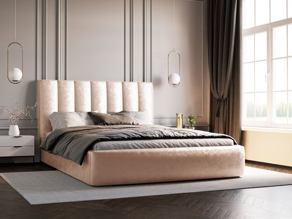 Polsterbett 200x200 cm Velor - Samtbett, Doppelbett mit Bettkasten, Lattenrost - Beige