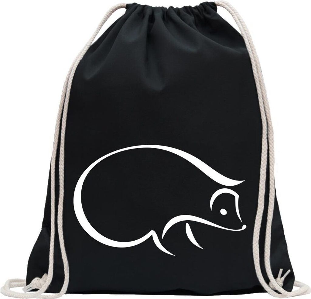 Kiwistar - Turnbeutel - schwarz - Igel - Fun Rucksack Sport Beutel Gymsack Baumwolle mit Ziehgurt