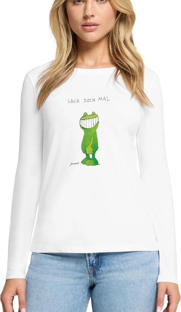 Spreadshirt Janosch Günter Kastenfrosch Lach Doch Mal Premium Langarmshirt Damen, XXL, Weiß
