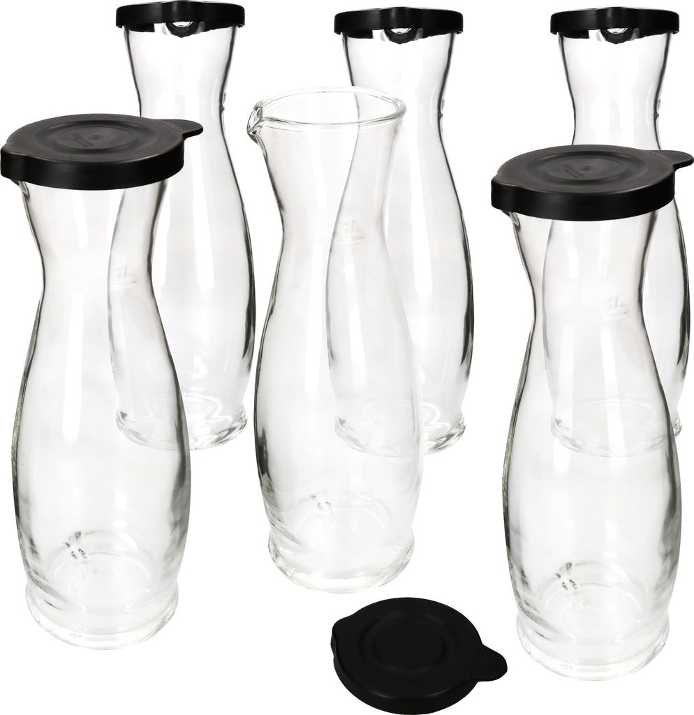 6x MIA MISURA Wein-Karaffe mit Deckel schwarz 1L geeicht Glas-Krug Saft Wasser