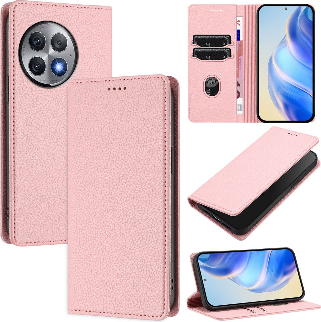 Litchi Leder Handyhülle für OnePlus Ace 2 Pro Wallet Kartenfächer Standfunktion Hülle Pink