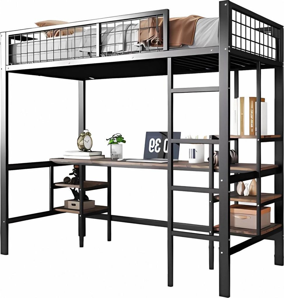 Hochbett / Retro Etagenbett für Kinder – 90x200cm – Mit Tisch, Leiter, Sicherheitsgeländer & Fenster – Schwarz/Holz – Massivholz & Metall