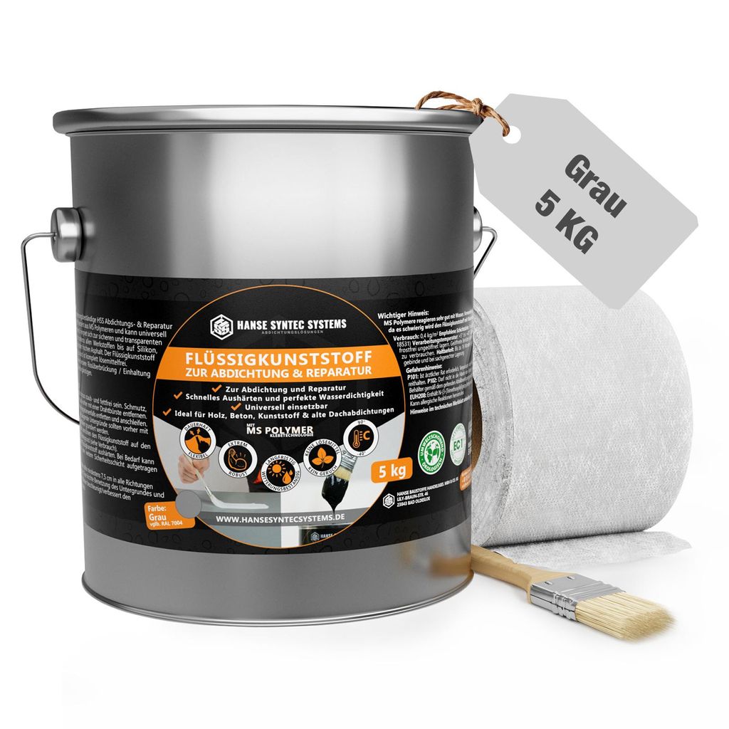 Flüssigfolie Dicht Set DIY 5kg Grau inkl. Pinsel & Vlies – Produktbild 