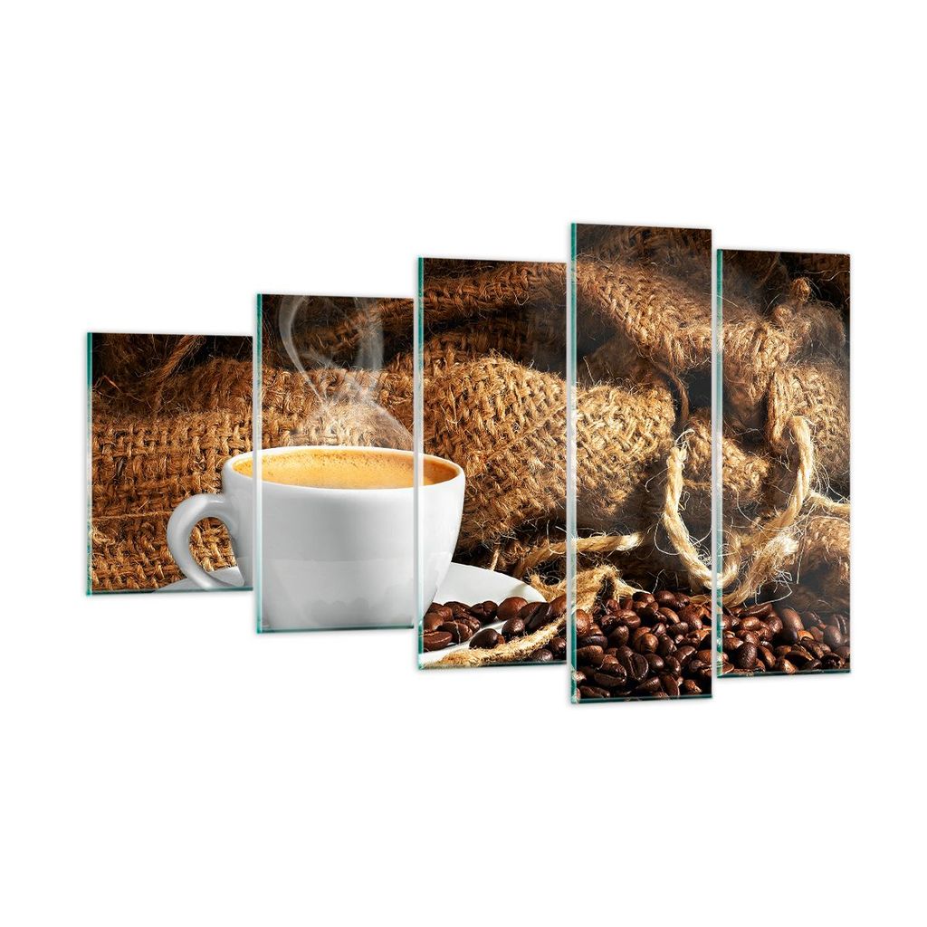 Bilder auf glas - Cappuccino Tasse Körner Beutel - 100x60cm - Glasbilder - Wandbilder - Kunstdruck - zum Aufhängen bereit - Wanddekoration aus Gl...