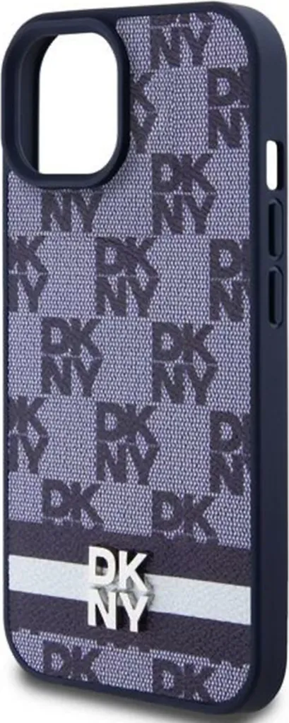 DKNY Coque iPhone 15 Motif Damiers et Rayures Bleu - Protection Chic