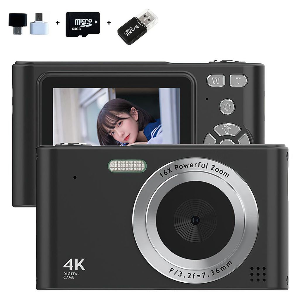 64G CCD Digitalkamera, Aufnahme Momente jederzeit, 16X Zoom 2,4-Zoll-Display, High Definition Bildqualität, für Kinder, Schwarz