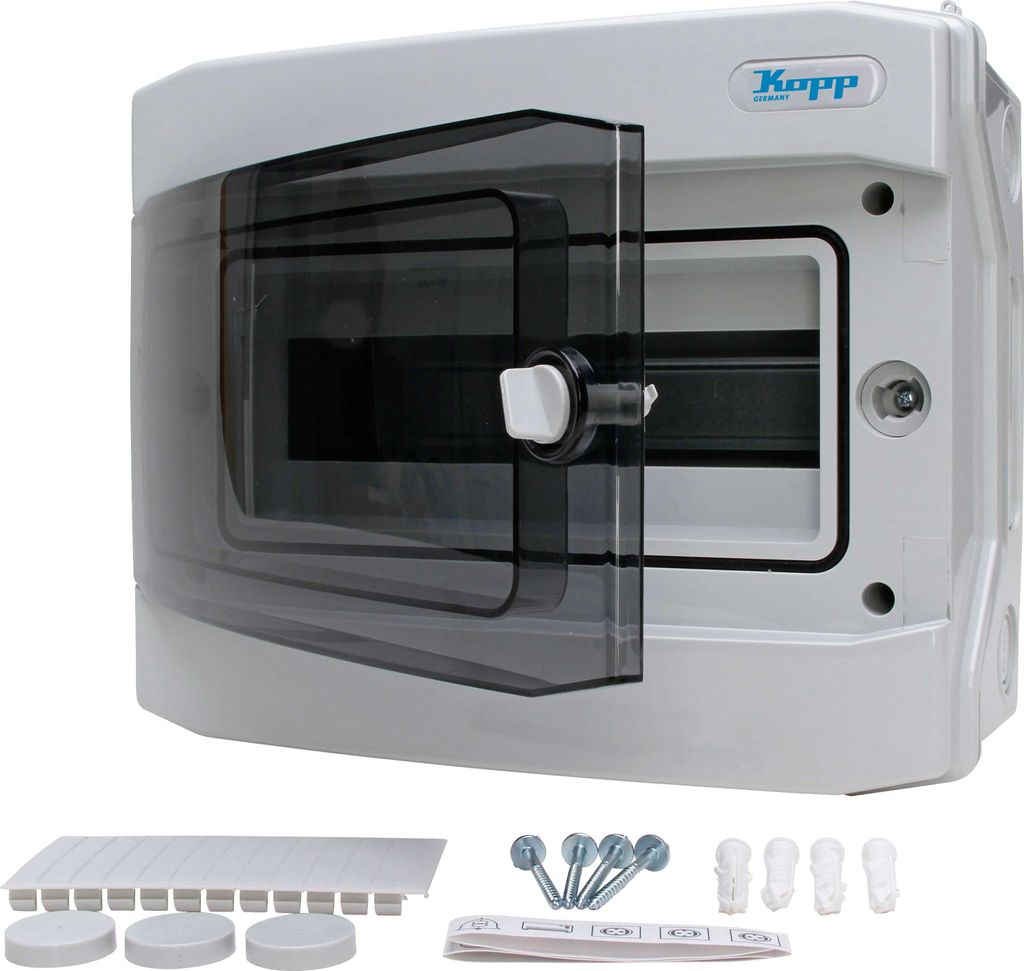 KOPP Aufputz-Feuchtraum-Verteilerkasten N12C, IP65, mit Tür, 1-reihig, 12 Pole