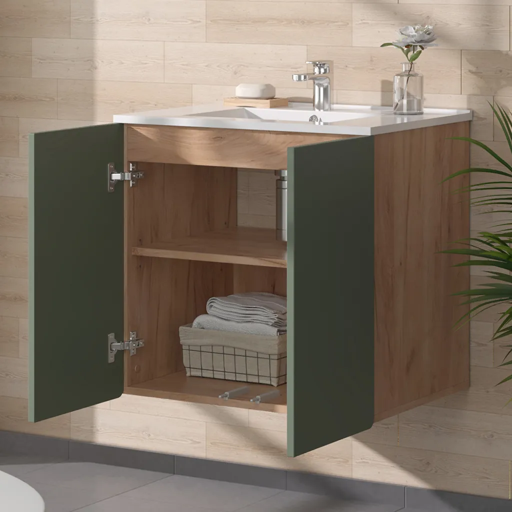 Meuble sous vasque Izan Vicco bicolore Vert et Chêne pour salle de bain chic - 4