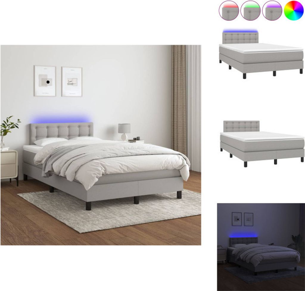 vidaXL Boxspringbett mit Matratze & LED Hellgrau 120x200 cm Stoff - Betten & Bettgestelle