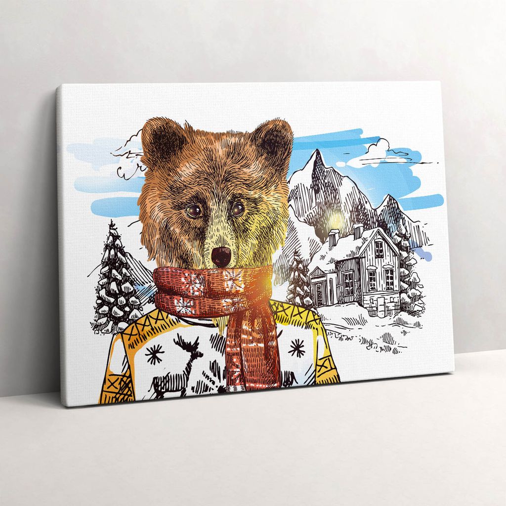 Bär im Schal – Leinwandbild Wandbild – 80x60 cm – Leinwandbilder – Wandbilder – Schlafzimmer – Flur