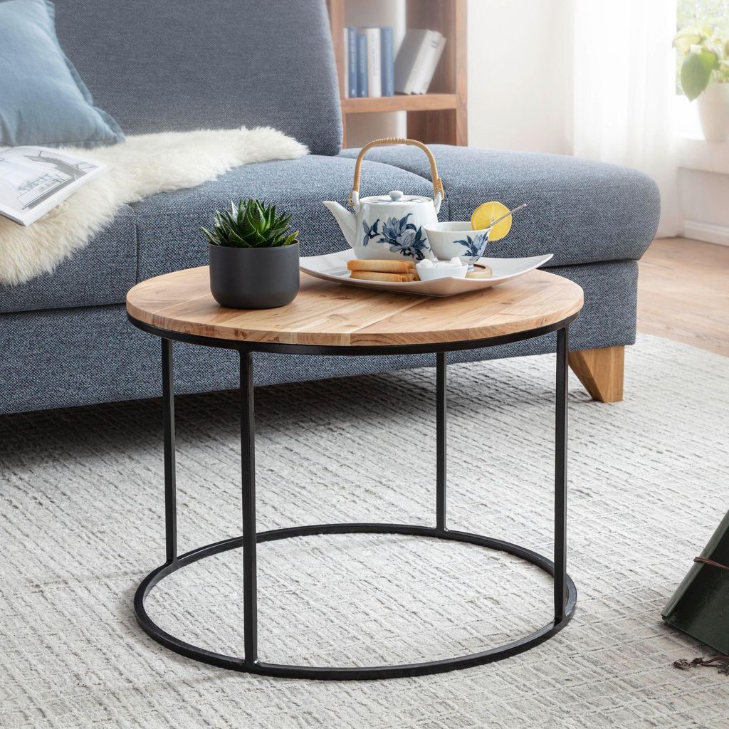 WOHNLING Couchtisch 60x43x60 cm Akazie Massivholz / Metall Produktbild 