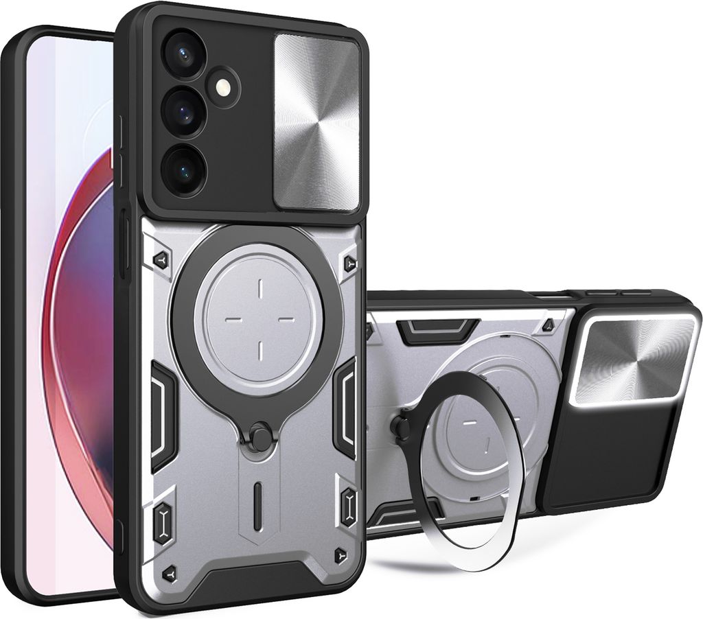 Handyhülle für Samsung Galaxy A25 Dual-Layer Stoßfest Rüstung Hülle mit Dia Kameraschutz und Kreisförmig Ring Ständer Silber