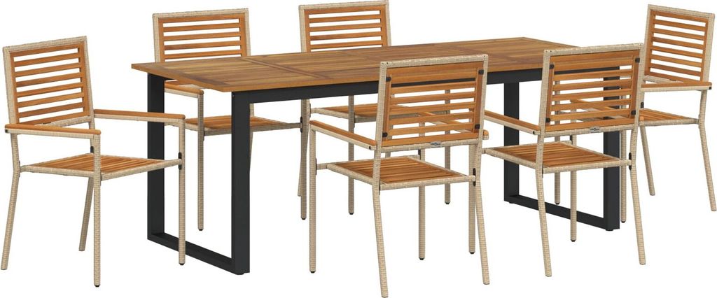 Möbel 7-Personen Garten Essgruppe Beige Poly Rattan Akazie, Stapelbare Gartenstühle mit Kissen - Set von 2 in Beige Poly Rattan - Gartenstühle 3...