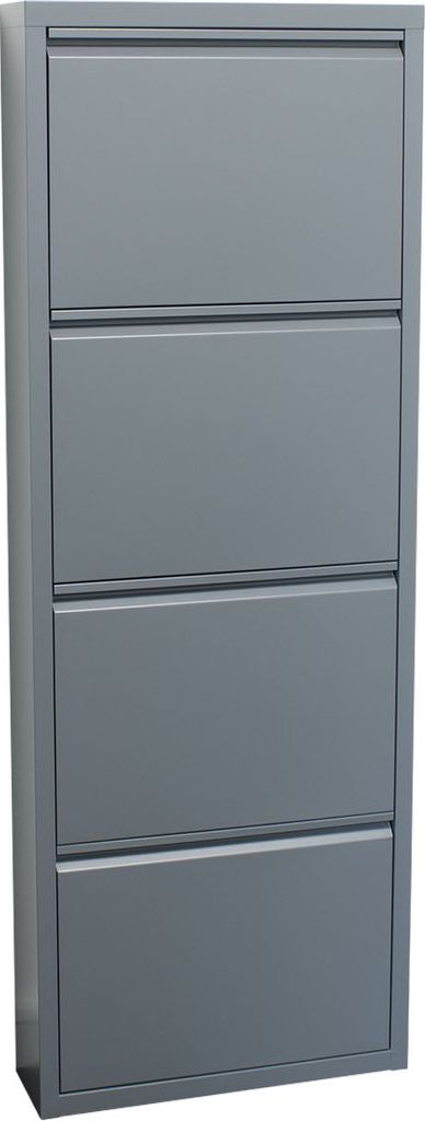A tall, narrow, gray metal shoe cabinet with four flip-down doors.