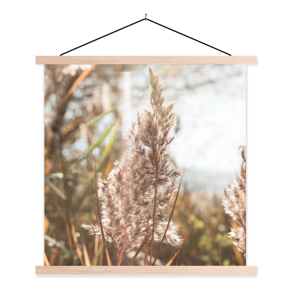 MuchoWow Textilposter Schilf - Sonne - Pflanze 120x120 cm mit holzfarbenen Rahmen - Textil-Poster