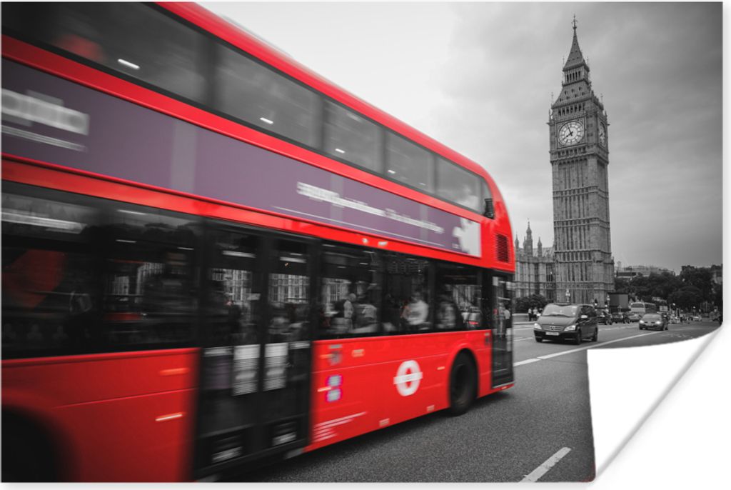 MuchoWow Poster Ein Schwarz-Weiß-Foto eines roten Busses am Big Ben 180x120 cm - Fotoplakat