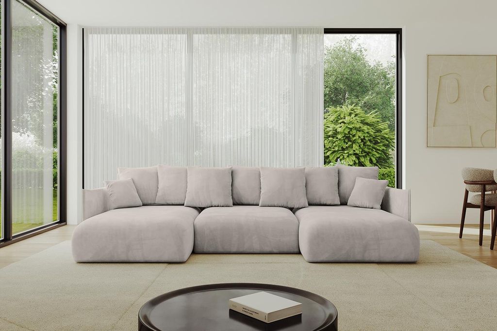 ALTDECOR Ecksofa in U-Form mit Schlaffunktion und Bettkasten ONESK-U 317x177x72 cm Hellbraun - Corner Sofa Bett Eckcouch Couch U-Form Schlafcouch A...