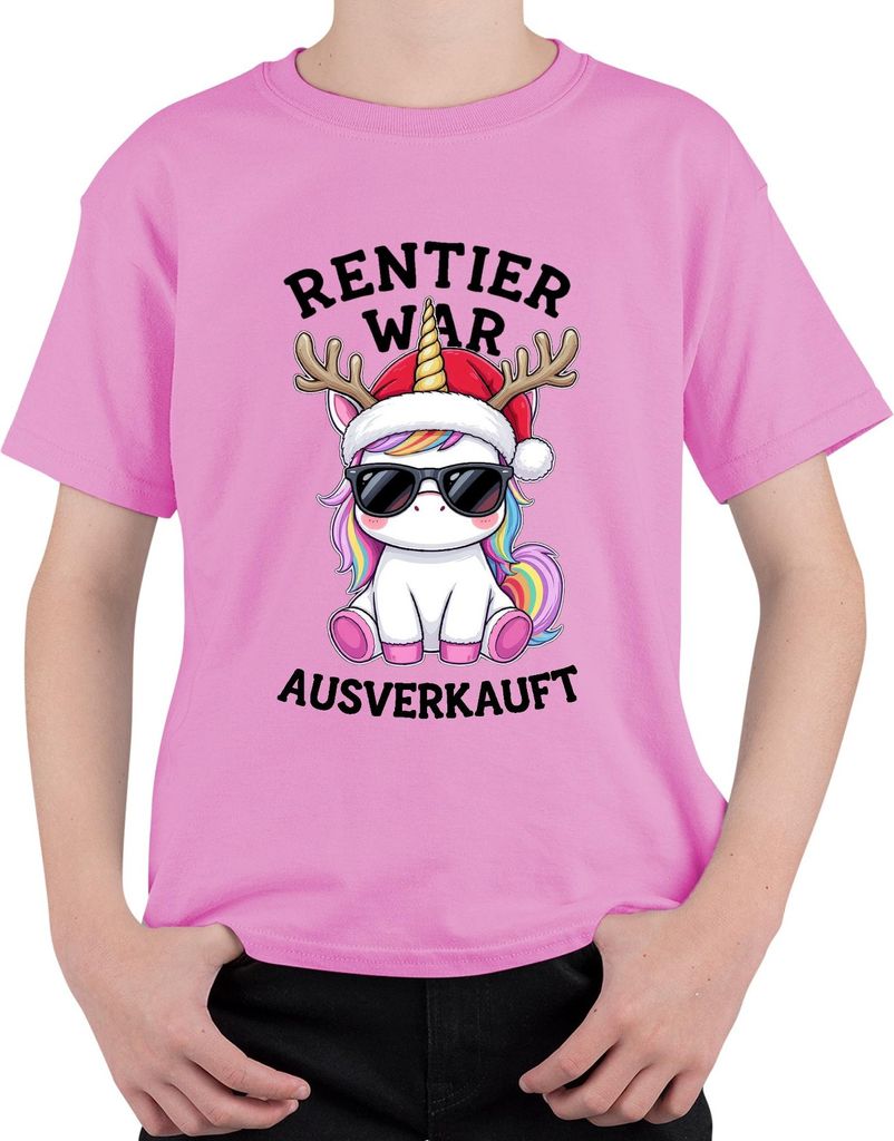 Rentier war t Einhorn Weihnachten lustig Regenbogen Uni Kinder T-Shirt, Pink, 152