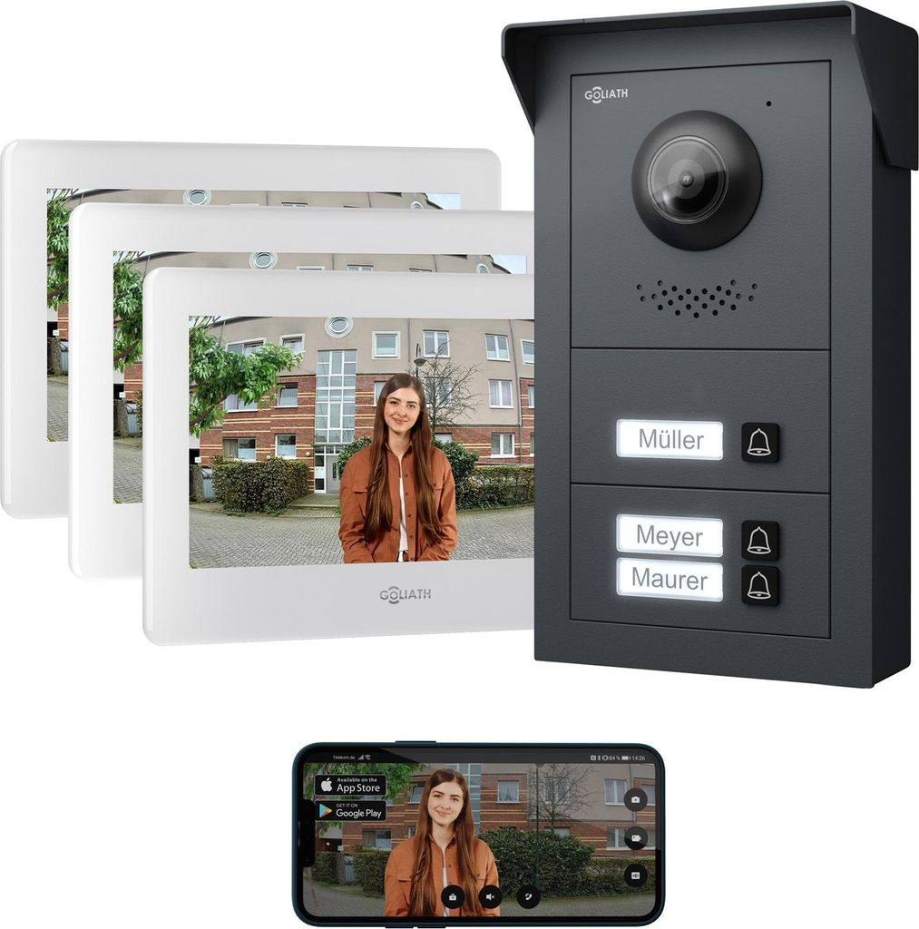 A doorbell camera system with multiple indoor monitors and a smartphone displaying the camera feed.