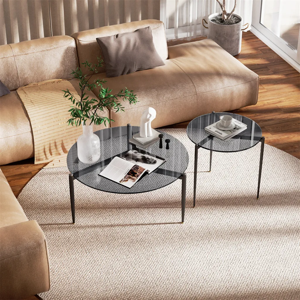 Table Basse Robuste Ø80cm Verre Trempé Gris et Structure Fer Design