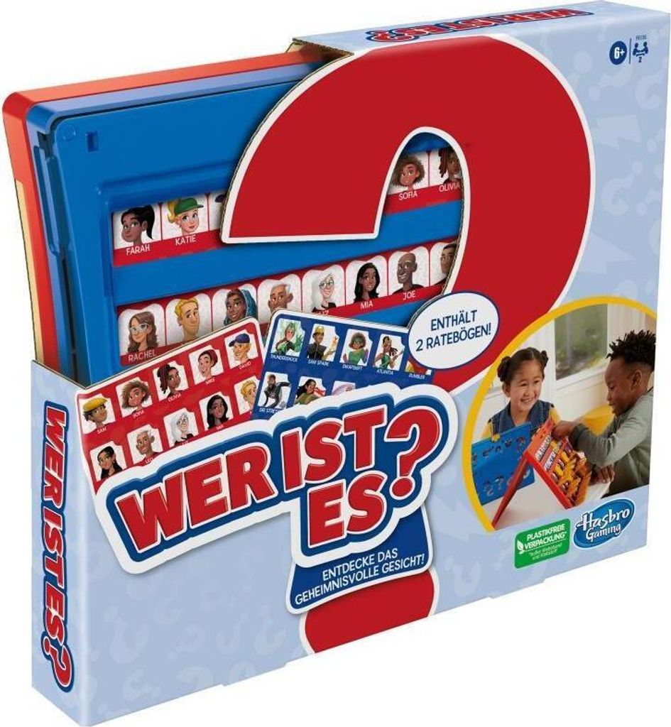 The image shows the packaging of the Hasbro 'Wer ist es?' board game, with the game box prominently displayed. Two children are shown playing the game in a smaller inset image on the right.