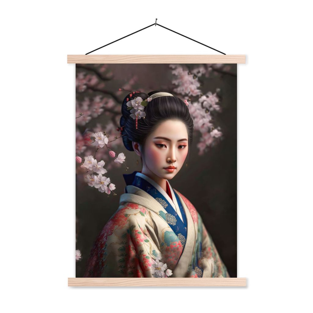 MuchoWow Textilposter Frau - Sakura - Kimono - Asiatisch - Porträt 40x53 cm mit holzfarbenen Rahmen - Schlafzimmer